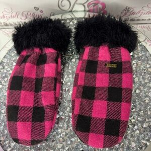 DeLux mittens gloves mitts plaid pink fur furry wool attachable faux fur black